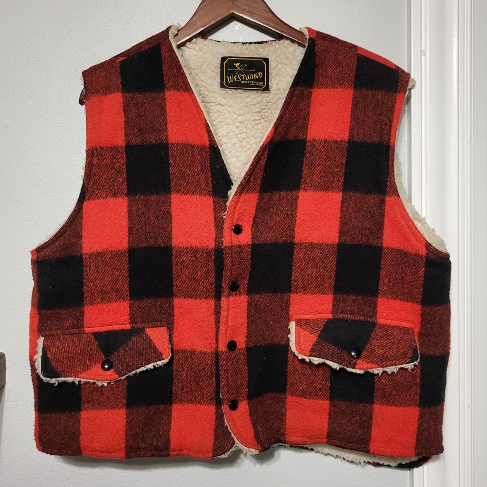 Westwind Sportswear Vintage Buffalo Plaid Sherpa Lined Vest Men's Size Large